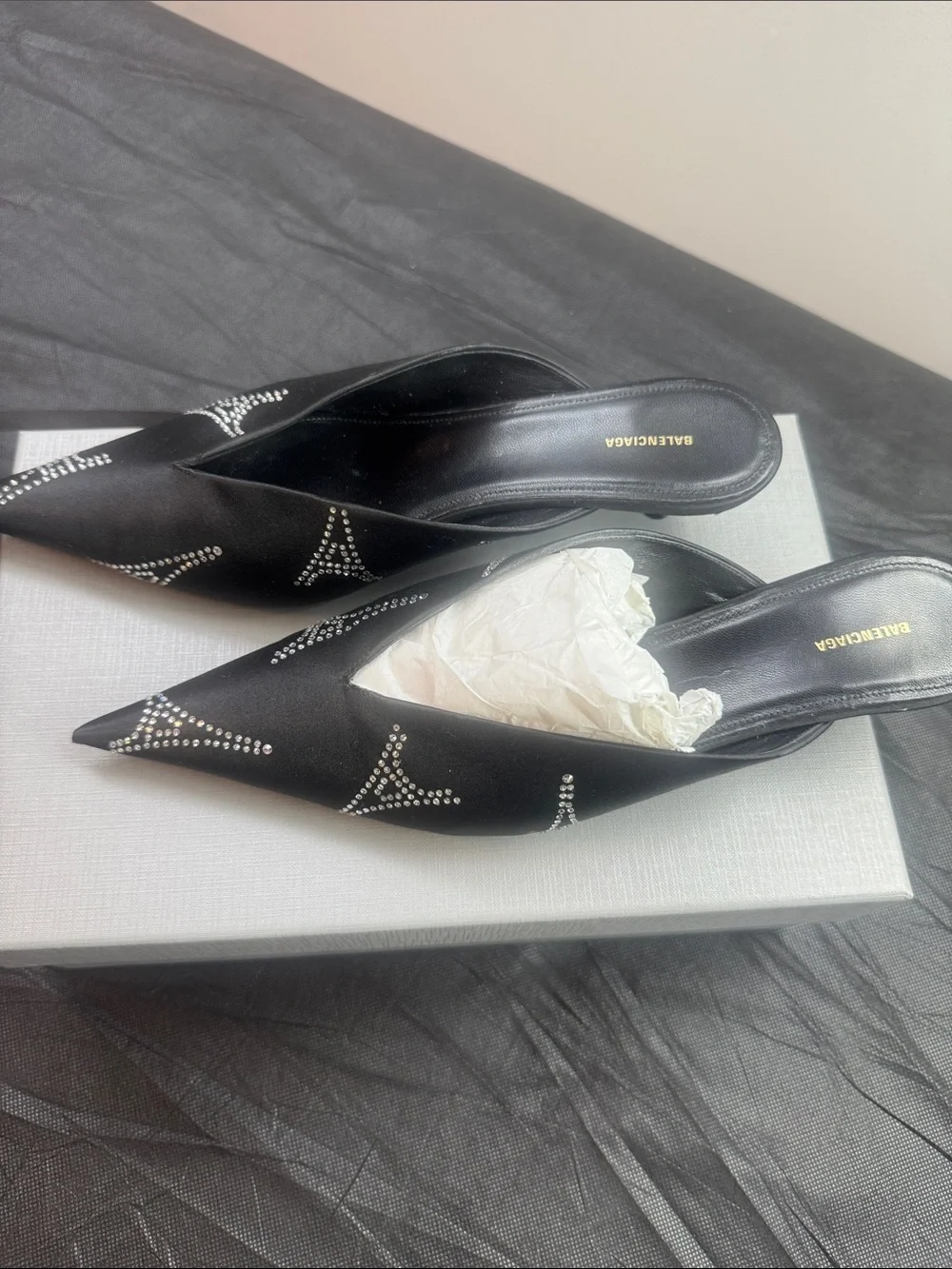 Balenciaga Black Satin Pointed-Toe Crystal-Embellished Mules - Picture 2 of 7